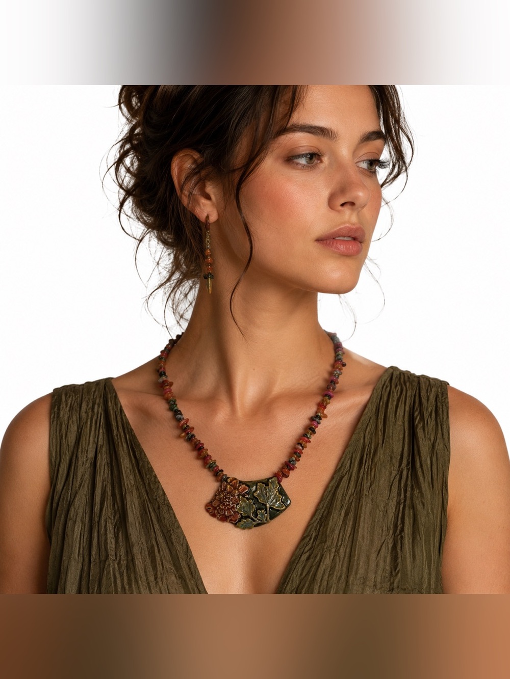 Chicos Autumn Embossed Botanical Necklace Womens Dramatic Wearable Art Boho Chic